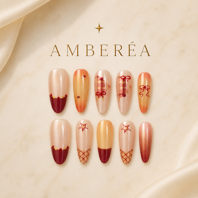 Orange Burgundy Bow Cat-Eye Press-On Nails