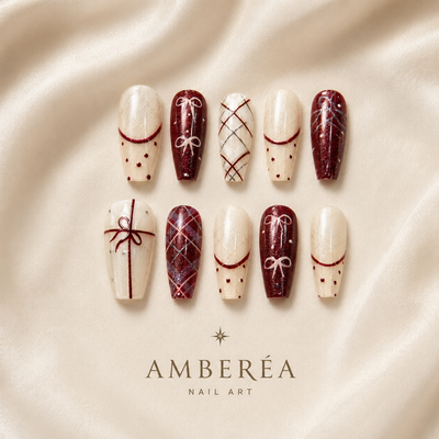 Burgundy Ribbon Plaid Press-On Nails