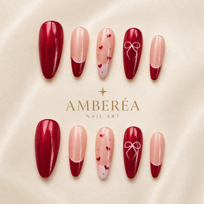 Burgundy Bow Heart French Press-On Nails