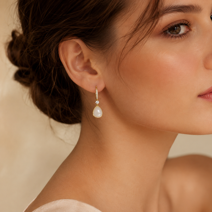 Gold Pearl Drop Earrings with Crystals | Bridal Dangle Earrings