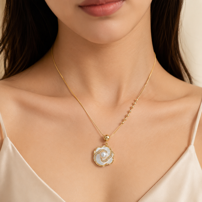 Gold Pearl Flower Pendant Necklace | Bridal Floral Necklace for Women