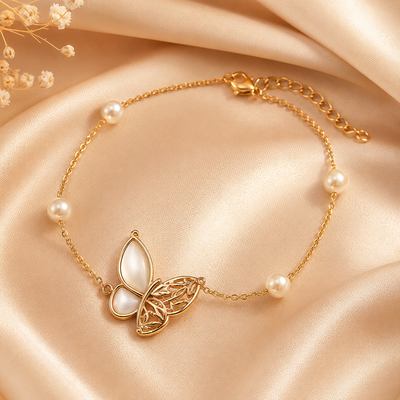 Gold Butterfly Faux Pearl Bracelet