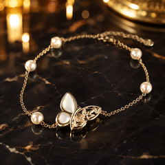Gold Butterfly Pearl Bracelet | Dainty Bridal Bracelet for Women
