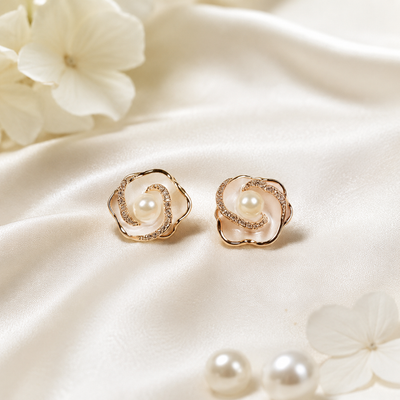 Gold-Tone Faux Pearl Flower Stud Earrings