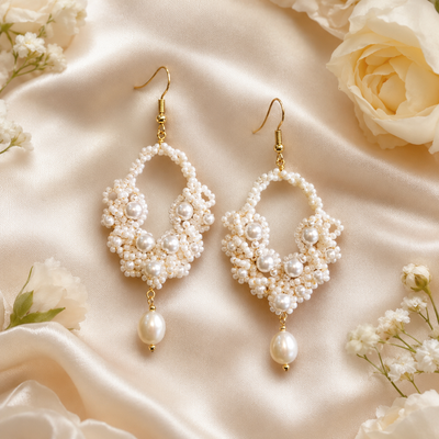 Handmade Faux Pearl Beaded Drop Earrings – Floral Beadwork
