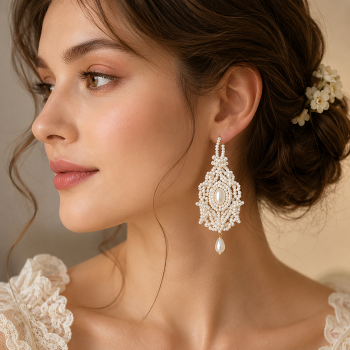 Handmade Pearl Beaded Drop Earrings | Bridal Pearl Statement Earrings