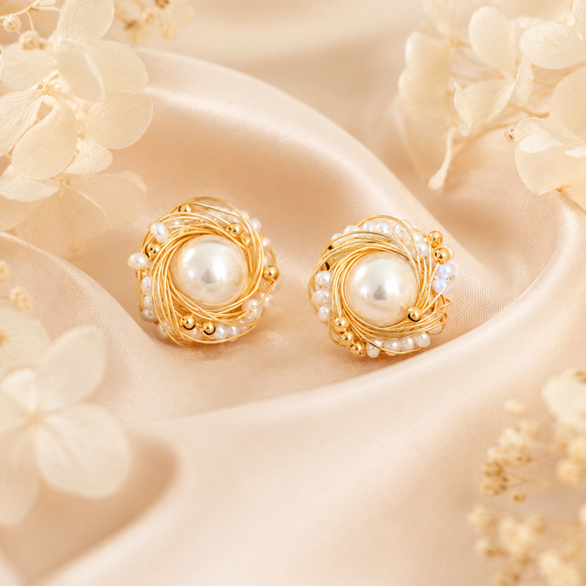 Gold Wire Wrapped Pearl Stud Earrings | Bridal Pearl Earrings