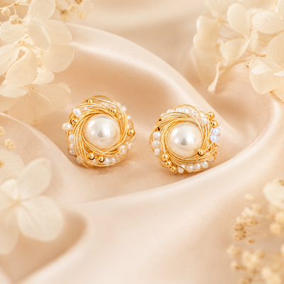 Gold Wire Wrapped Faux Pearl Stud Earrings
