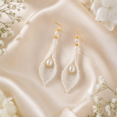 Handmade Faux Pearl Beaded Leaf Drop Earrings