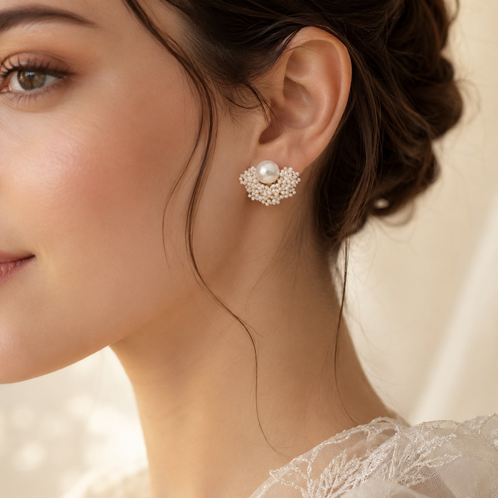 Handmade Pearl Beaded Flower Stud Earrings | Bridal Pearl Earrings