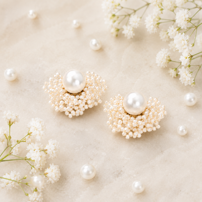 Handmade Faux Pearl Beaded Flower Stud Earrings