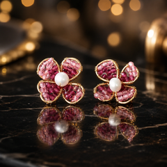 Pink Crystal Flower Stud Earrings | Gold Floral Bridal Earrings