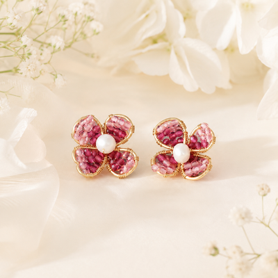 Pink Glass Crystal Flower Stud Earrings