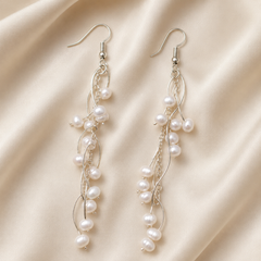 Silver Pearl Chain Drop Earrings | Long Bridal Dangle Earrings