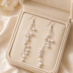 Silver Pearl Chain Drop Earrings | Long Bridal Dangle Earrings