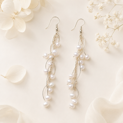 Silver Faux Pearl Chain Drop Earrings