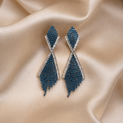 Blue Rhinestone Statement Earrings | Silver Crystal Long Dangle Earrings