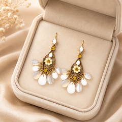 White Floral Drop Earrings | Vintage Gold Bridal Dangle Earrings