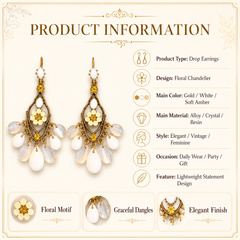 White Floral Drop Earrings | Vintage Gold Bridal Dangle Earrings
