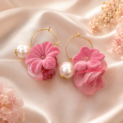 Pink Flower Pearl Hoop Earrings | Gold Floral Statement Earrings