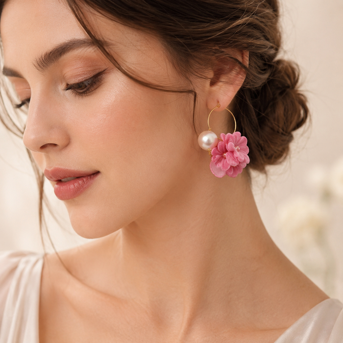 Pink Flower Pearl Hoop Earrings | Gold Floral Statement Earrings