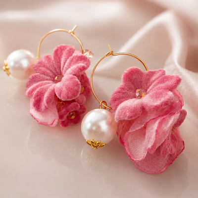 Pink Flower Faux Pearl Hoop Earrings