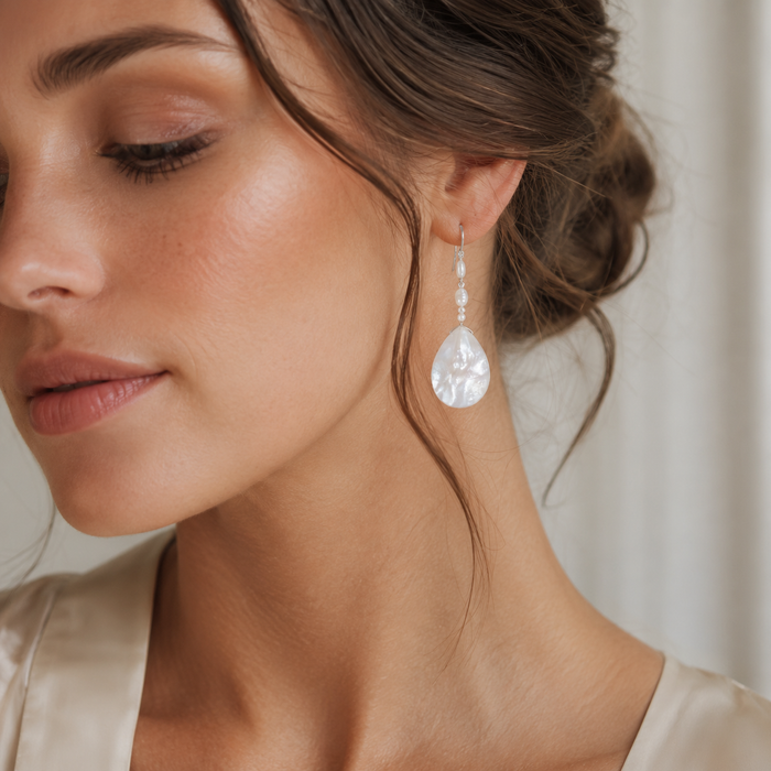 Mother of Pearl Drop Earrings | Long Bridal Pearl Dangle Earrings