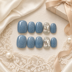 Dusty Blue Glitter Press On Nails with Rhinestones | Short Square Fake Nails