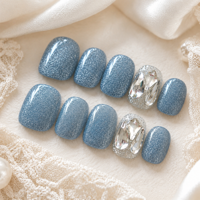 Dusty Blue Glitter Press-On Nails with Rhinestones