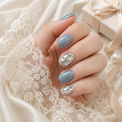Dusty Blue Glitter Press On Nails with Rhinestones | Short Square Fake Nails