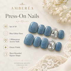 Dusty Blue Glitter Press On Nails with Rhinestones | Short Square Fake Nails