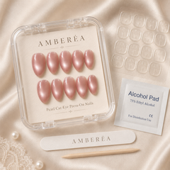 Soft Pink Pearl Cat Eye Press On Nails | Almond Bridal Fake Nails