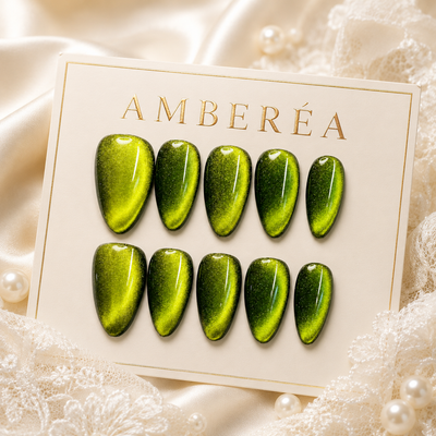 Olive Green Cat-Eye Press-On Nails – Short Almond