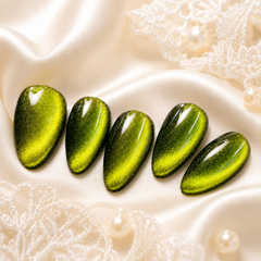 Olive Green Cat Eye Press On Nails | Short Almond Reusable Fake Nails