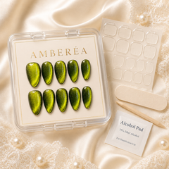 Olive Green Cat Eye Press On Nails | Short Almond Reusable Fake Nails