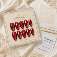 Red Glitter Cat Eye Press On Nails | Almond Reusable Fake Nails