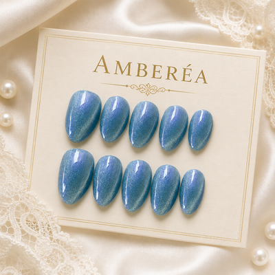 Sky Blue Cat-Eye Press-On Nails – Short Almond