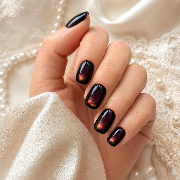 Black Purple Cat Eye Press On Nails | Short Square Reusable Fake Nails