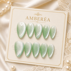 Mint Green Pearl Cat Eye Press On Nails | Short Almond Reusable Fake Nails