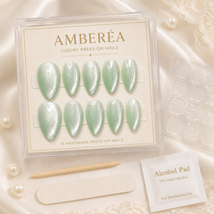 Mint Green Pearl Cat Eye Press On Nails | Short Almond Reusable Fake Nails