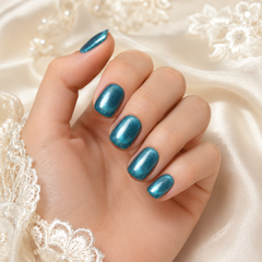 Teal Blue Metallic Press On Nails | Short Square Reusable Fake Nails
