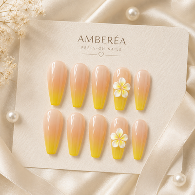 Peach Yellow Ombre Flower Press-On Nails – Long Coffin