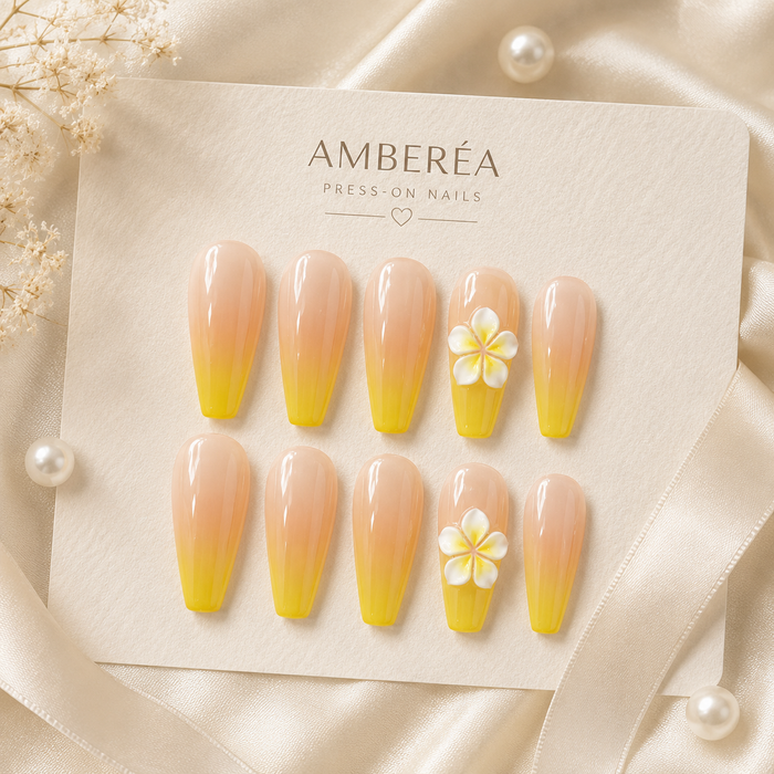 Peach Yellow Ombre Flower Press On Nails | Long Coffin Reusable Fake Nails
