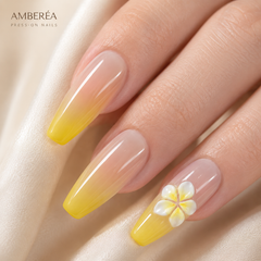 Peach Yellow Ombre Flower Press On Nails | Long Coffin Reusable Fake Nails