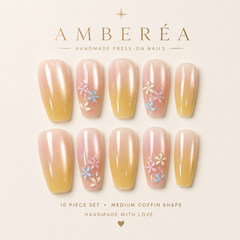 Peach Yellow Ombre Flower Press On Nails | Medium Coffin Reusable Fake Nails