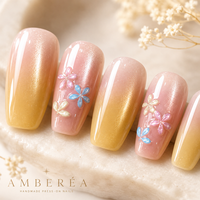 Peach Yellow Ombre Flower Press-On Nails – Medium Coffin