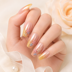 Peach Yellow Ombre Flower Press On Nails | Medium Coffin Reusable Fake Nails