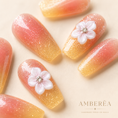 Peach Yellow Ombre Glitter Flower Press-On Nails