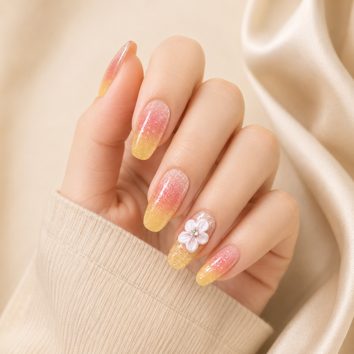 Peach Yellow Ombre Glitter Flower Press On Nails | Medium Coffin Fake Nails