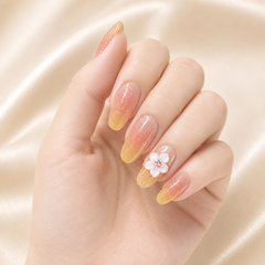 Peach Yellow Ombre Glitter Flower Press On Nails | Medium Coffin Fake Nails